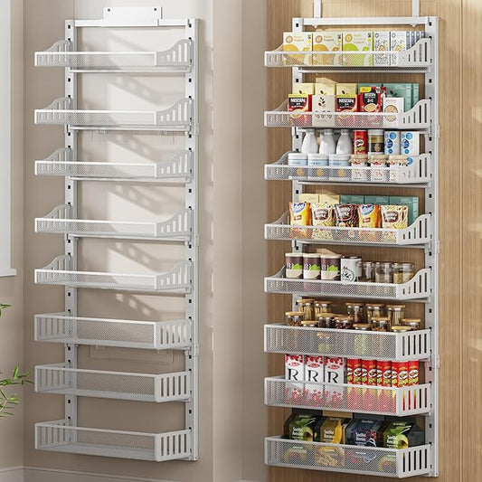 POKIPO Over the Door Pantry Organizer 8-Tier, Large Metal Door Spice Rack with Adjustable Basket, 2 in 1 Wall Mount or Hanging Heavy-Duty Pantry Door Storage Shelf for Kitchen and Bathroom, White by POKIPO