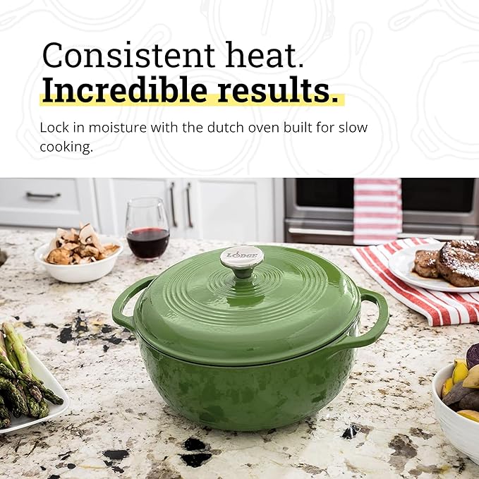 Lodge Essential Enamel Cast Iron Dutch Oven - Perfect for Bread Baking, Braising, Marinating & Slow Cooking - Features Moisture-Sealing Lid & Dual Handles - Kitchen Essentials - 6 Quarts - Spruce - Image 3