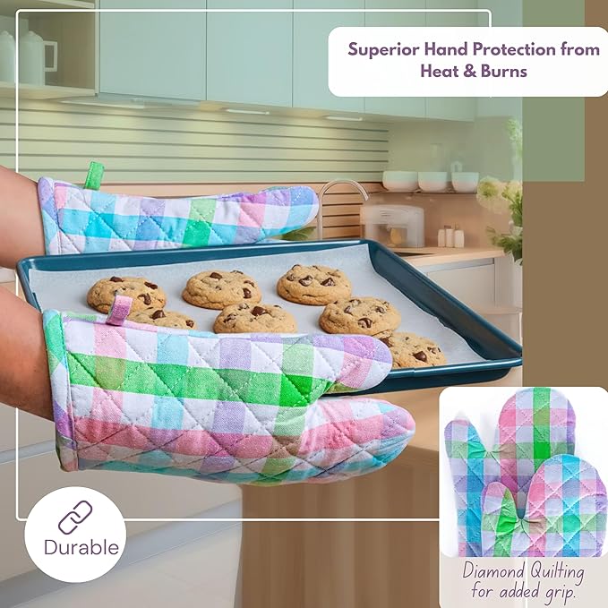 Native Fab 4 Piece Set - Gingham Check 2 Oven Mitts & 2 Potholders, Heat Resistant, 100% Cotton, Quilted Design, Non-Slip Grip, Ideal for Baking, Cooking, BBQ, Kitchen Protection, Multicolor - Image 4