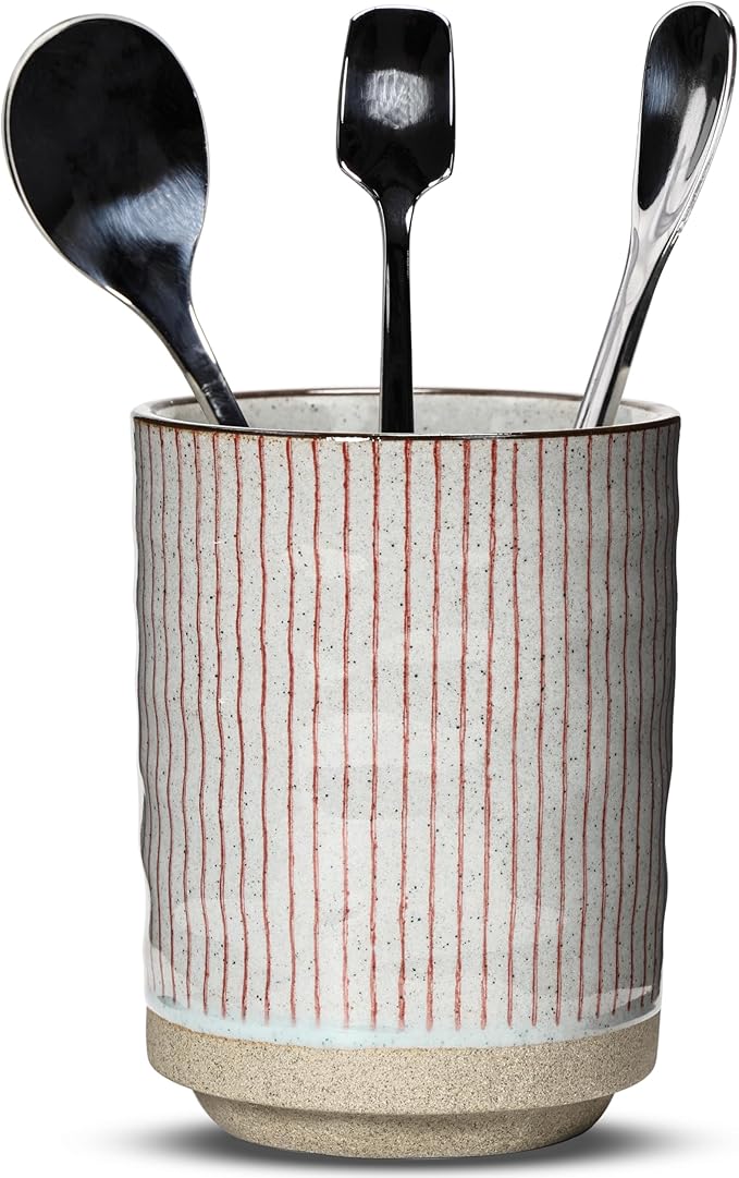 Ceramic Spoon Holder for Coffee Bar, Upright Tea Spoon Holder Cup, Coffee Stirrers Straws Stir Stick Holder, Red Strips by U-TIMES