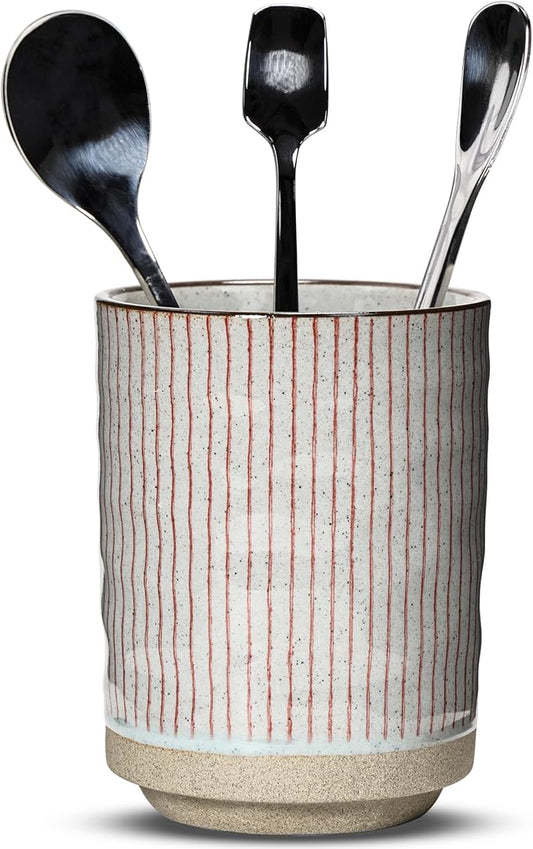 Ceramic Spoon Holder for Coffee Bar, Upright Tea Spoon Holder Cup, Coffee Stirrers Straws Stir Stick Holder, Red Strips by U-TIMES