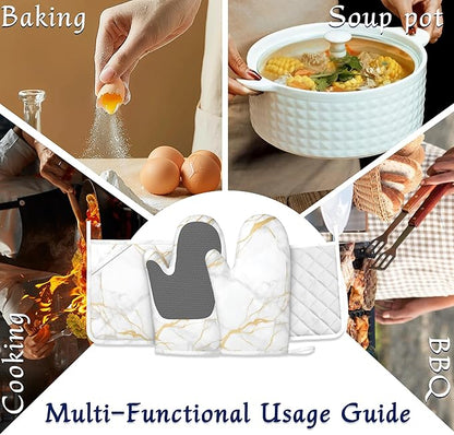 White Gold Marble Pot Holders and Oven Mitts Set Silicone Abstract Marble Kitchen Gloves Potholders Heat Resistant Washable,Chef Cooking Baking Gifts for Women Men Bakers Lover Cooks