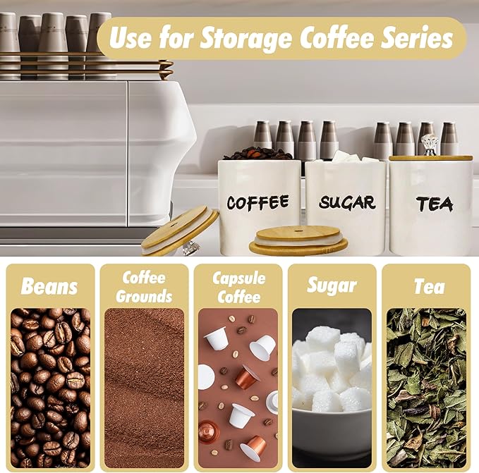 Coffee Tea Sugar Container Set of 3,Farmhouse Storage Containers Jars,Airtight Ceramic Kitchen Canister Set with Bamboo Lids for Kitchen Counter Dining Room (Ceramic, 1)