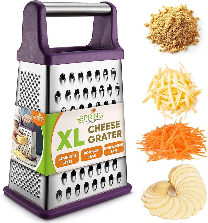 Spring Chef Purple Professional Stainless Steel XL Parmesan Cheese Grater with Handle - Manual Box Grater for Kitchen, 4 Sides, Dishwasher Safe Food Shredder for Vegetable, Potato, Hard Cheese, Carrot by SpringChef