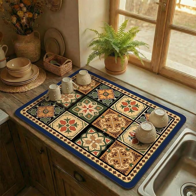 Boho Dish Drying Mat for Kitchen Counter - Super Absorbent Faux Leather Kitchen Mat, Quick Dry & Non-Slip Countertop Protector, Aesthetic Bohemian Decor for Coffee Bar (17"x31.5", Blue)