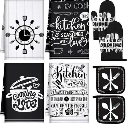 Leinuosen 8 Pcs Cooking Kitchen Decor Accessories Set Farmhouse Towels Oven Mitts Pot Holders Dishcloths Set Kitchen Decorative Absorbent Gloves Potholders for Chef Baking Cooking by Leinuosen
