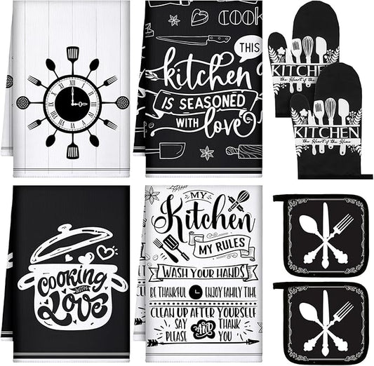 Leinuosen 8 Pcs Cooking Kitchen Decor Accessories Set Farmhouse Towels Oven Mitts Pot Holders Dishcloths Set Kitchen Decorative Absorbent Gloves Potholders for Chef Baking Cooking by Leinuosen