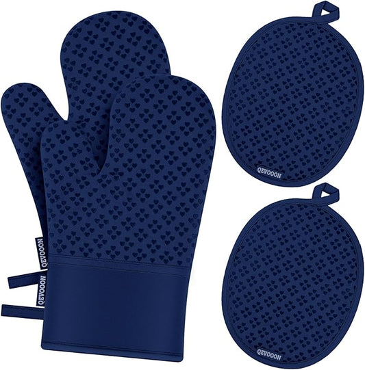 Oven Mitts and Pot Holders 4 Sets, Heat Resistant 500 ℉ Oven Mitt and Pot Holder,Oven Glove&Potholders with Non-Slip Silicone Surface,Kitchen Essentials for Cooking/Baking/BBQ-Marine Blue by QEVOOON