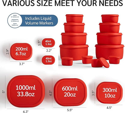 ISSEVE 12Pcs/Set Nesting Silicone Food Storage Containers with Lids, BPA Free Reusable Meal Prep Silicone Containers Airtight, Freezer Dishwasher Safe (33.8oz, 20oz, 10oz, 6.7oz, 1.3oz) (Red)