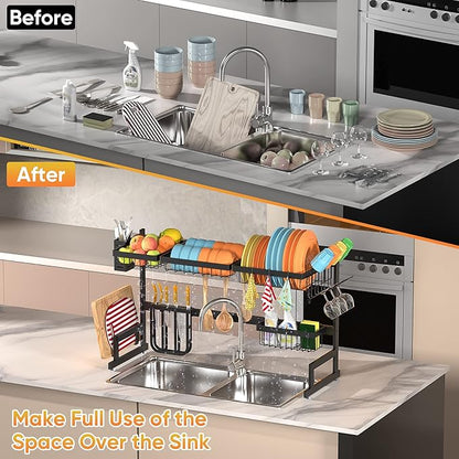 PUSDON Over the Sink Dish Drying Rack, 2 Tier Adjustable Large Capacity Stainless Steel Dish Rack for Kitchen Counter, Heavy Duty Space Saver Organizer with Utensil Holder, Black