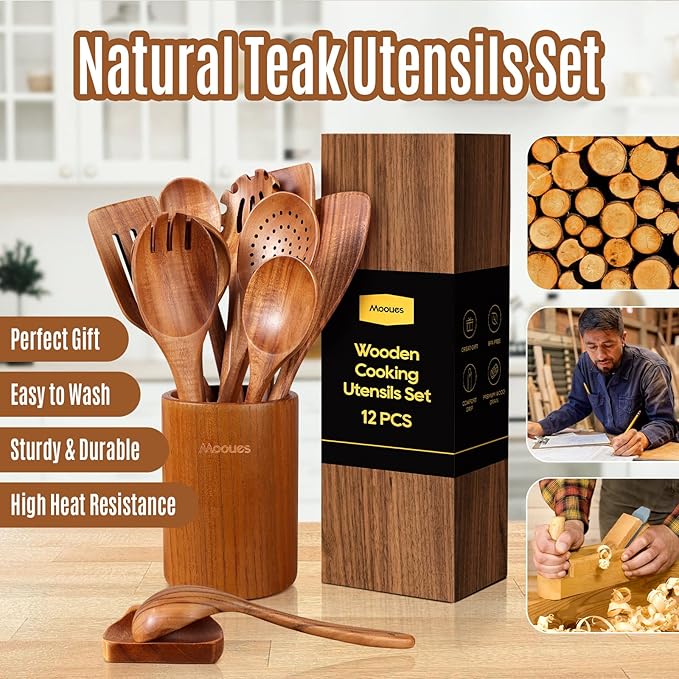 Wooden Spoons for Cooking, 12PCS Teak Wooden Kitchen Utensil Set with Spoon Rest - Smooth Finish, Non-Stick, Comfortable Grip, Heat Resistant Cooking Utensils Set - Image 3