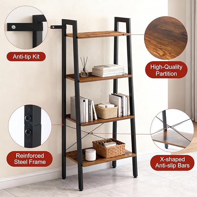 DUMOS Ladder Shelf, 4-Tier Display Bookshelf, Industrial Style Storage Standing Shelf, Decorative Shelves with Stable Frame for Living Room, Bedroom, Office, Kitchen, Bathroom, Brown - Image 4