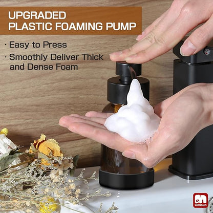 GMISUN Amber Foam Soap Dispenser, 8.5 Fl oz Amber Glass Foaming Hand Soap Dispenser for Bathroom & Kitchen, 2 Pcs Modern Refillable Foaming Soap Dispensers, Foam Pump Bottle with Label & Silicone Boot