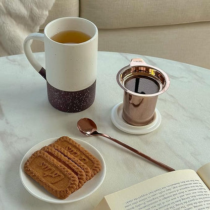 Mora Ceramics Tea Cup with Loose Leaf Infuser, Spoon and Lid, 12 oz, Microwave and Dishwasher Safe Coffee Mug - Rustic Matte Ceramic Glaze, Modern Herbal Tea Strainer - Great Gift for Women, Garnet - Image 6