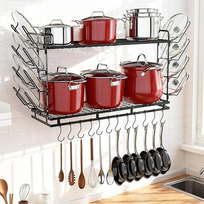 Housolution Pot Rack Wall Mounted, 22''-30'' Length Expandable, 3 Level Height Adjustable, 2 Tier Heavy Duty Hanging Cookware Pan Organizer with 12 Hooks and 8 Lid Holders by Housolution