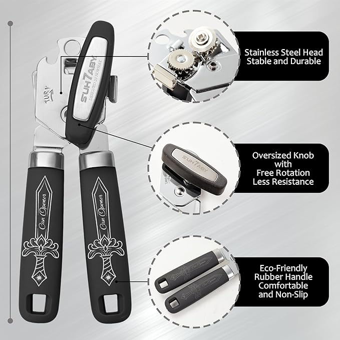 Manual Can Opener with Magnet – Heavy Duty Hand Can & Bottle Opener, Stainless Steel Blade Smooth Edge Cutter, Ergonomic Rubber Grip, Easy Turn Kitchen Tool for Seniors, Arthritis Friendly (Black)