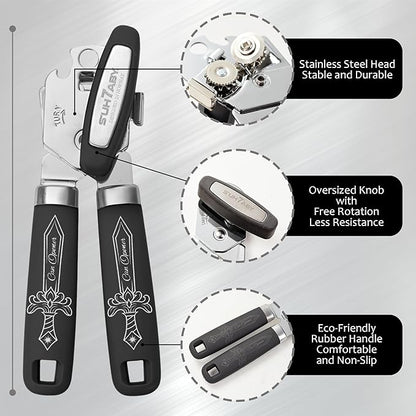 Manual Can Opener with Magnet – Heavy Duty Hand Can & Bottle Opener, Stainless Steel Blade Smooth Edge Cutter, Ergonomic Rubber Grip, Easy Turn Kitchen Tool for Seniors, Arthritis Friendly (Black)