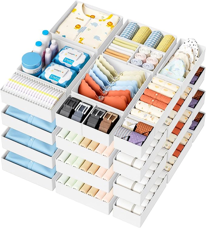 DIMJ Drawer Organizer Clothes 20 Pack - Foldable Baby Organizers and Storage & Dresser Organizer for Bedroom, Closet - Nursery Organization Dresser Dividers for underwear, Sock,Bra, Belt, Tie, White by DiMJ
