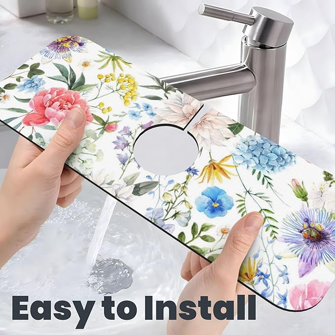 Colorful Flowers Dish Drying Mat for Kitchen Counter, 16"x18" Microfiber Absorbent Fast Dry Mat, 2Pcs Dish Mat Faucet Mats Sets, Large Drying Kitchen Mat Kitchen Drying Pad Coffee Bar Decor Gifts