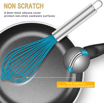 OYV Silicone Whisk,Heat Resistant 480°F Whisks For Cooking Non Scratch,Stainless Steel wired wisk,Plastic Rubber Whisk Tool For Nonstick Cookware Pans,Silicon Wisks Set of 4,Blue - Image 8