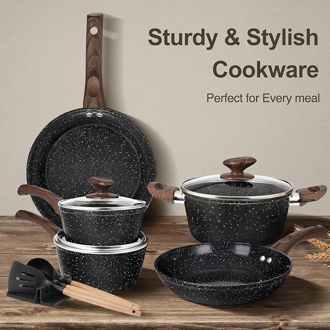 M MELENTA Pots and Pans Set Non Stick, 12pcs Black Ceramic Cookware Set, Non-toxic Induction Cookware Kitchen Cooking Set, PFAS and PFOA Free
