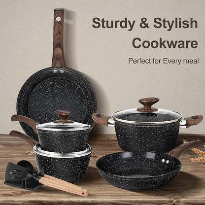 M MELENTA Pots and Pans Set Non Stick, 12pcs Black Ceramic Cookware Set, Non-toxic Induction Cookware Kitchen Cooking Set, PFAS and PFOA Free
