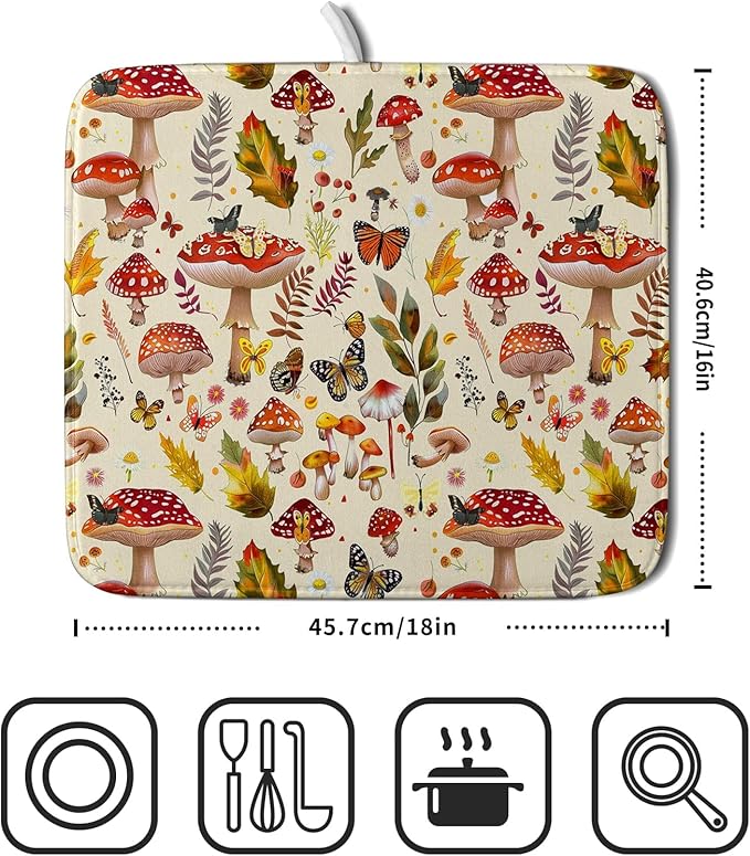 Forest Mushroom Dish Drying Mats Wild Plant Butterfly Kitchen Sink Rack Mats 16 X 18 Inch - Image 2