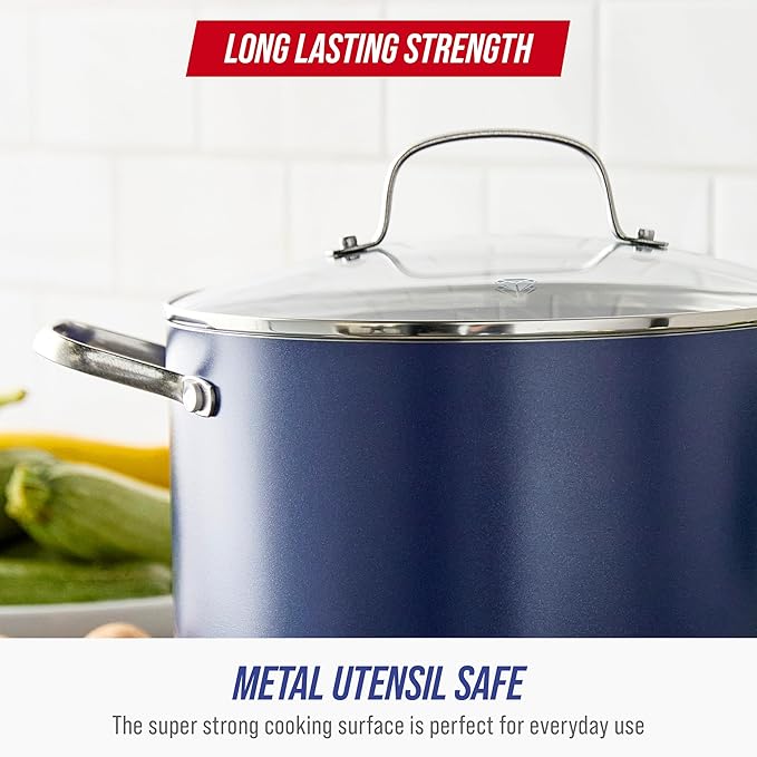 Blue Diamond 8QT Nonstick Stockpot with Glass Lid, PFAS-Free Ceramic, Multipurpose Cooking, Sauces & Soups, Pasta, Boiling & Canning Pot, Dishwasher & Oven Safe, Stainless Steel Handles, Navy - Image 8
