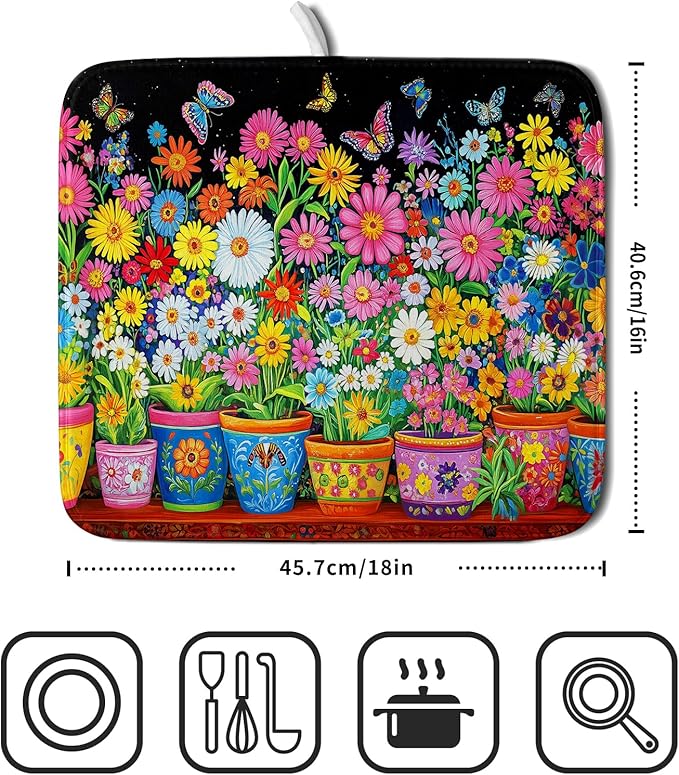 Colorful Floral Dish Drying Mat 16 X 18 Black Spring Flowers Absorbent Microfiber Kitchen Decor Counter Mats - Image 2