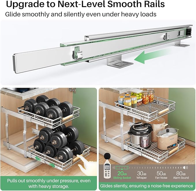 Pull out Cabinet Organizer, 2 Tiers 15"W X 21"D, Heavy Duty Smooth Sliding Under Cabinet Shelves for Pots and Pans, Full-Extension Roll out Drawers, Slide out Organization for Home Kitchen Pantry - Image 5