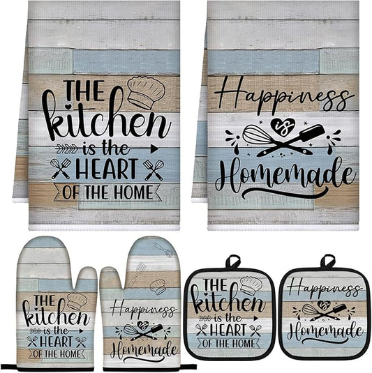Sratte 6 Pcs Kitchen Decor Accessories Set Farmhouse Towels Pot Holders Oven Mitts Set 2 Dish Towels 2 Potholders 2 Cooking Mittens Oven Glove for Christmas Baking Cooking Supply(Brown Green,Kitchen) by Sratte