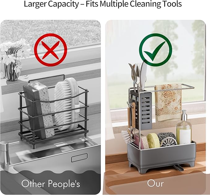MOUKABAL Sponge Holder for Kitchen Sink, 2-Tier Sink Caddy Organizer with Drain Holes and Hooks, Holds Dishcloth, Sponge & Brushes, Kitchen Countertop Storage for New Home Essentials Grey - Image 4