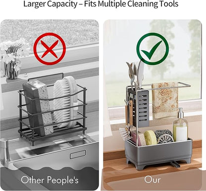 MOUKABAL Sponge Holder for Kitchen Sink, 2-Tier Sink Caddy Organizer with Drain Holes and Hooks, Holds Dishcloth, Sponge & Brushes, Kitchen Countertop Storage for New Home Essentials Grey - Image 4