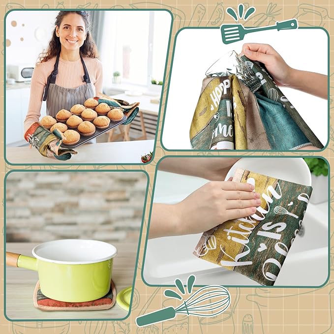 Fourluoo 10 Pcs Farmhouse Kitchen Decor and Accessories Set 4 Kitchen Towels 2 Pot Holders 2 Oven Mitts 2 Rugs for Cooking Baking Mom Housewarming Gifts(Vintage Wood Grain,Classic Style) - Image 6
