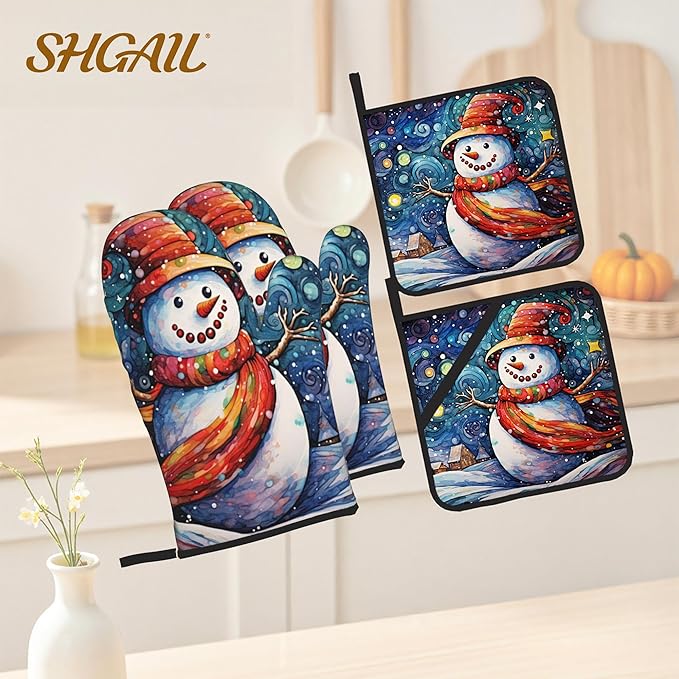 Winter Snowman Oven Mitts & Potholder Set of 4 - Heat Resistant Kitchen Gloves Hot Pads for Baking, Cooking, Gifts for Women