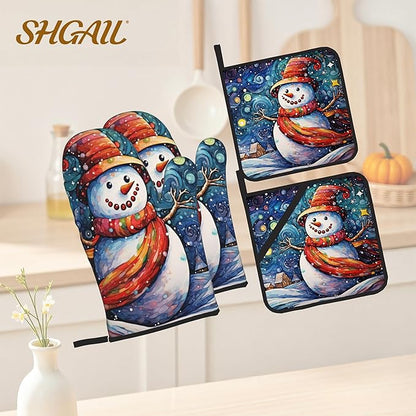 Winter Snowman Oven Mitts & Potholder Set of 4 - Heat Resistant Kitchen Gloves Hot Pads for Baking, Cooking, Gifts for Women