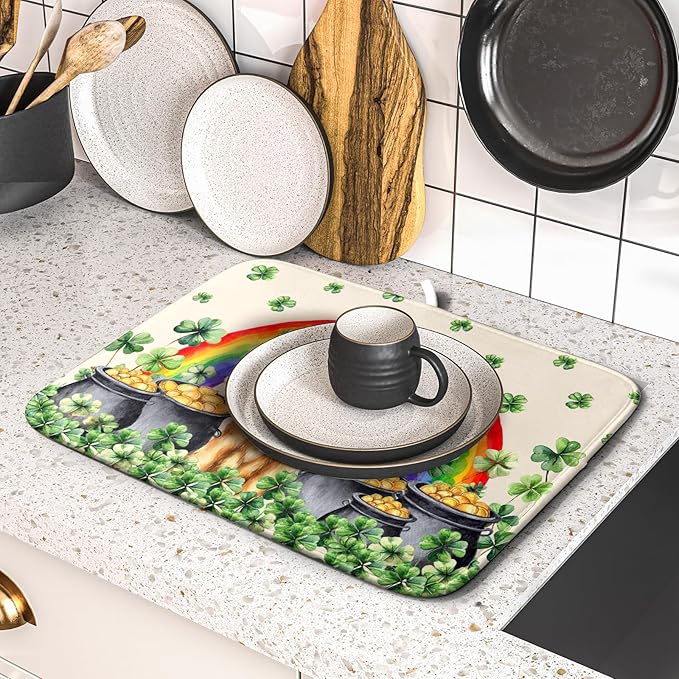 St Patricks Day Drying Mat Samll Lucky Clovers Green Kitchen Decor Counter Mats for Dog Lover - Image 5