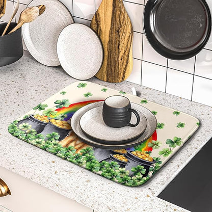 St Patricks Day Drying Mat Samll Lucky Clovers Green Kitchen Decor Counter Mats for Dog Lover - Image 5