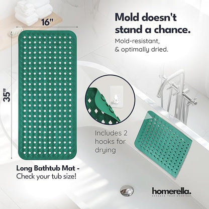 Bathtub Mat Non Slip 35x16 - homerella® Bath Mat Incl. Hooks for Drying, Extra Long, 100% BPA Free, Shower Mat Non Slip Anti Mold, Machine Washable, Shower Mats for Inside Shower Mildew Resistant