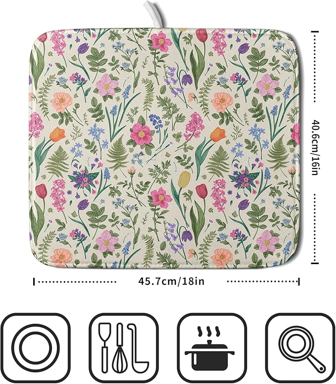 Spring Floral Dish Drying Mat for Kitchen Counter 16x18 Pink Sage Green Flower Vintage Botanical Print Absorbent Reversible Microfiber Drying Mats Kitchen Countertop Protector Dishes Drainer Rack Pad - Image 2