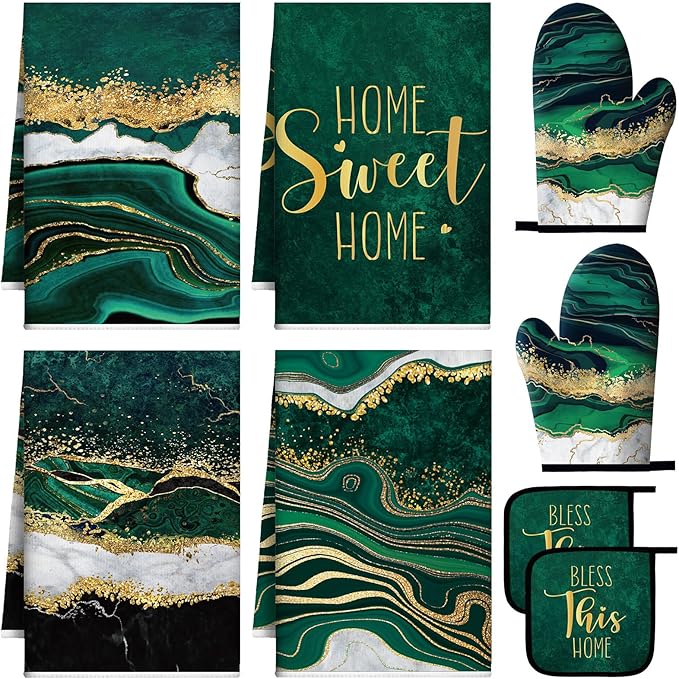 Leinuosen 8 Pcs Kitchen Towels and Dishcloths Sets Oven Mitts and Pot Holders Sets Absorbent Kitchen Gloves Potholders Heat Resistant for Chef Baking Cooking (Green,Marble)