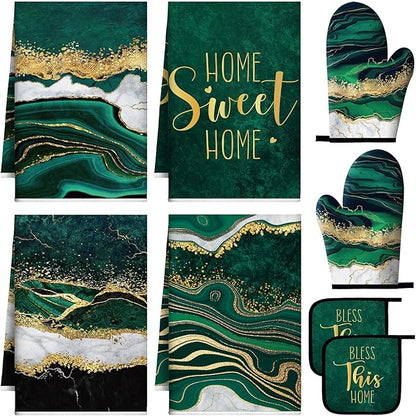 Leinuosen 8 Pcs Kitchen Towels and Dishcloths Sets Oven Mitts and Pot Holders Sets Absorbent Kitchen Gloves Potholders Heat Resistant for Chef Baking Cooking (Green,Marble)