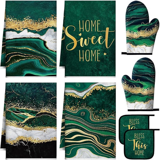 Leinuosen 8 Pcs Kitchen Towels and Dishcloths Sets Oven Mitts and Pot Holders Sets Absorbent Kitchen Gloves Potholders Heat Resistant for Chef Baking Cooking (Green,Marble)