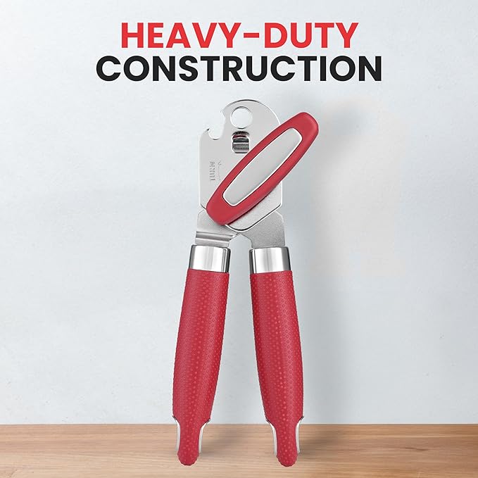 Zulay Kitchen Heavy Duty Stainless Steel Can Opener Manual with Large Bottle Opener - Manual Can Opener with Turn Knob with Soft Grip Handles - Red - Image 2