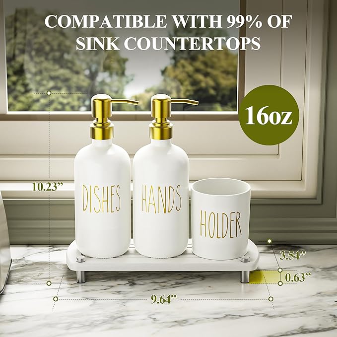 Cisily Kitchen Soap Dispenser Set Comes with Ceramics Sponge Holder, Gold Pumps, and Instant Dry Tray, Hand and Dish Soap Dispenser Set (4, Gold + White + Brush Holder) - Image 5