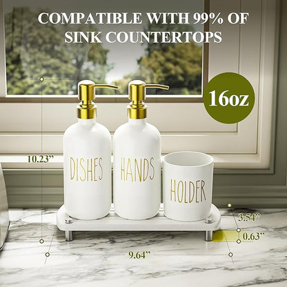 Cisily Kitchen Soap Dispenser Set Comes with Ceramics Sponge Holder, Gold Pumps, and Instant Dry Tray, Hand and Dish Soap Dispenser Set (4, Gold + White + Brush Holder) - Image 5