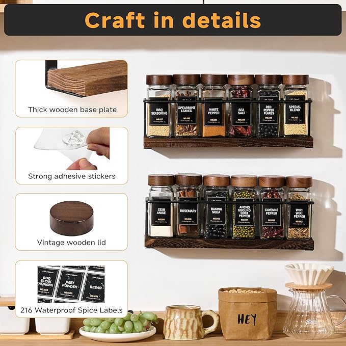 2-Tier Wall Mount Spice Rack Organizer with 12 Glass Jars, 216 Labels & Funnel - Screw/Adhesive Mount, Black Metal & Wood Spice Storage for Kitchen Pantry Cabinet, 11.6”L x 2.4”W x 3.2”H - Image 5