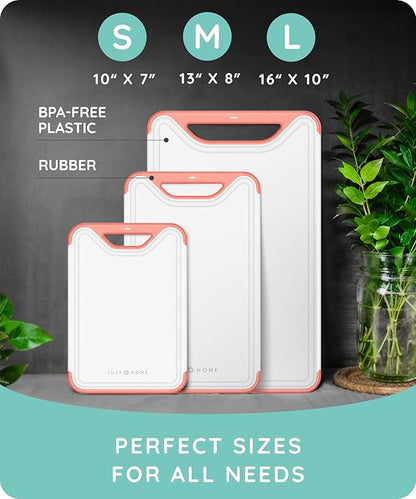 Cutting Boards for Kitchen, Plastic Cutting Board Set of 3, Dishwasher Safe Cutting Boards with Juice Grooves for Meat, Veggies, Easy Grip Handle, Serveware Accessories (Pink)