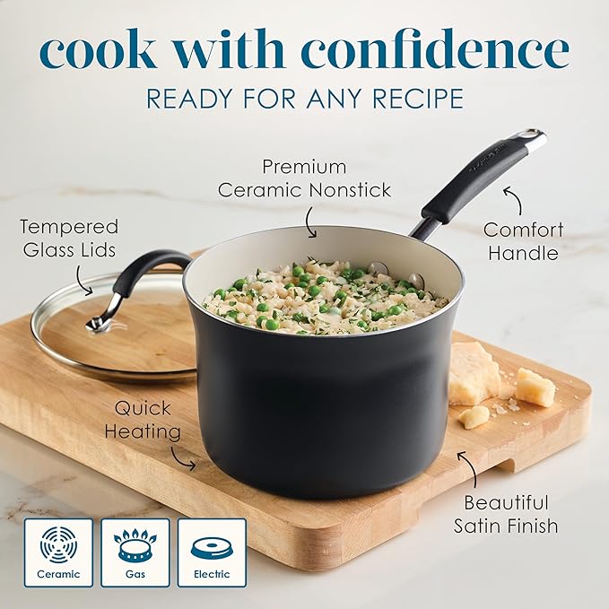 Rachael Ray Cucina Ceramic Cookware Set - 13 Pieces - Ceramic Pots and Pans Set w/Nonstick Frying Pans, Saute Pan, Saucepans, Stockpot, Lids, Pan Protectors & Cooking Utensils - Peppercorn - Image 7