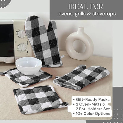 Oven Mitt & Pot Holder Buffalo Plaid Check 100% Cotton Heat Resistant Oven Gloves (7"x13") & Hot Pads (8"x8") Combo for Baking, Cooking - Black